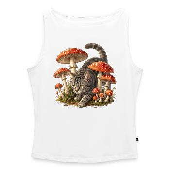 Chat dans la forêt de champignons Art fantastique - Débardeur femme à encolure bateau bio - blanc - Devant - Selfina (174cm)