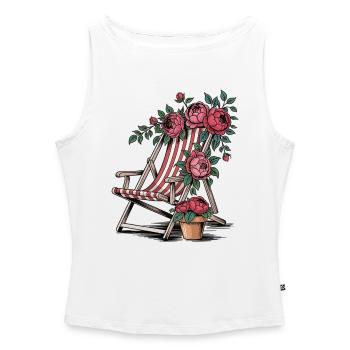 T-shirt de chaise longue vintage – Été et fleurs - Débardeur femme à encolure bateau bio - blanc - Devant - Selfina (174cm)