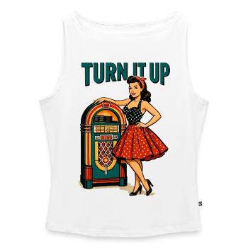 Pin-up rockabilly : Jukebox rétro monte le son - Débardeur femme à encolure bateau bio - blanc - Devant - Selfina (174cm)