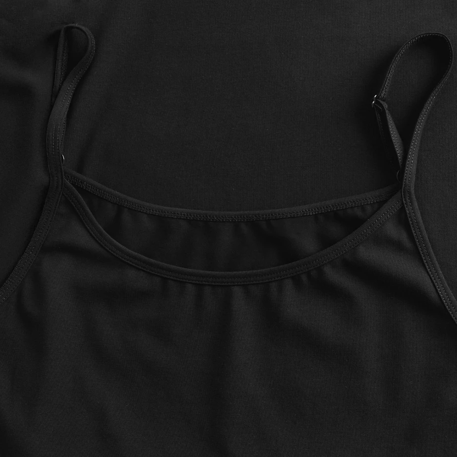 Pompeii badge on a women's premium organic spaghetti strap top, black, neck label