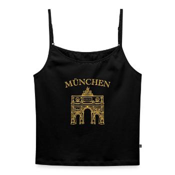 Porte de la Victoire emblématique Munich - Top Premium femme à fines bretelles bio - noir - Devant - Selfina (174cm)