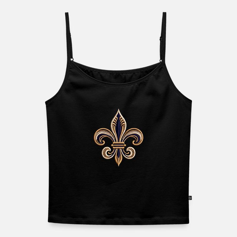 Elegant Fleur-de-Lis Embroidery Tee - Women's Premium Organic Spaghetti Strap Top - black