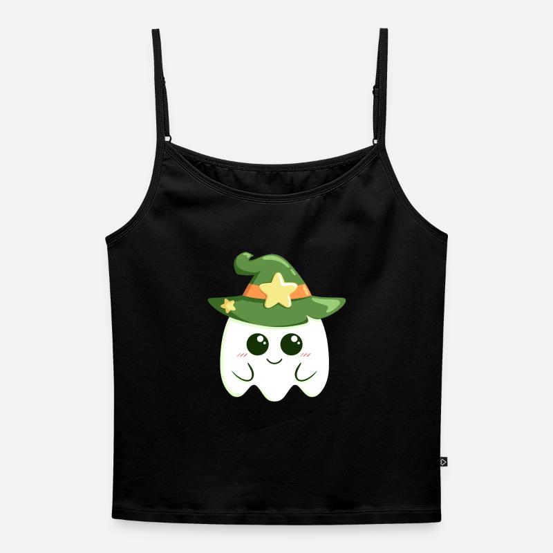 Cute ghost for Halloween dressed as a witch - Women's Premium Organic Spaghetti Strap Top - black