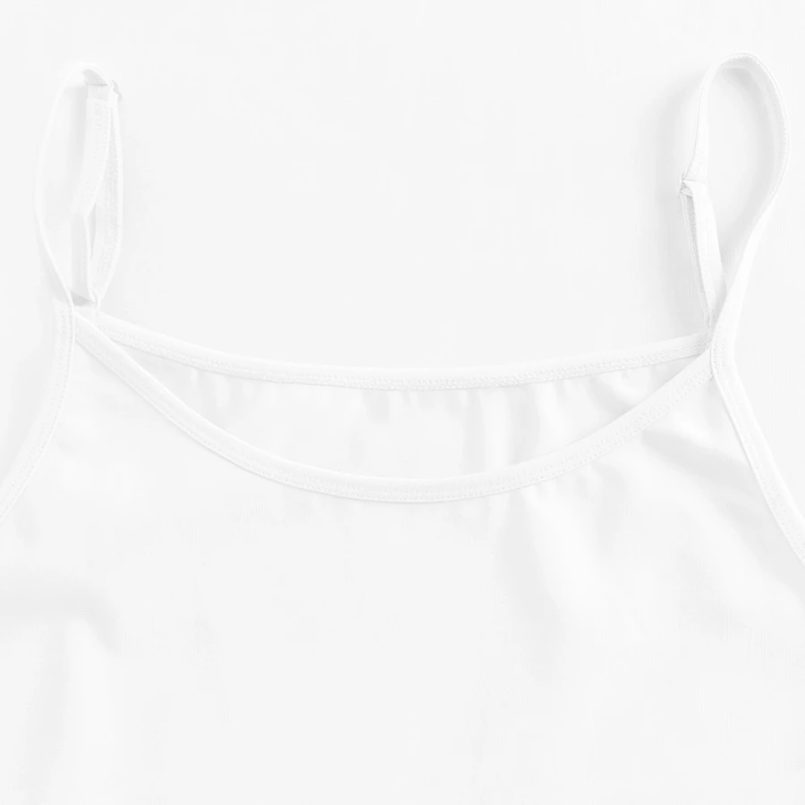 Interlaken badge on a women's premium organic spaghetti strap top, white, neck label