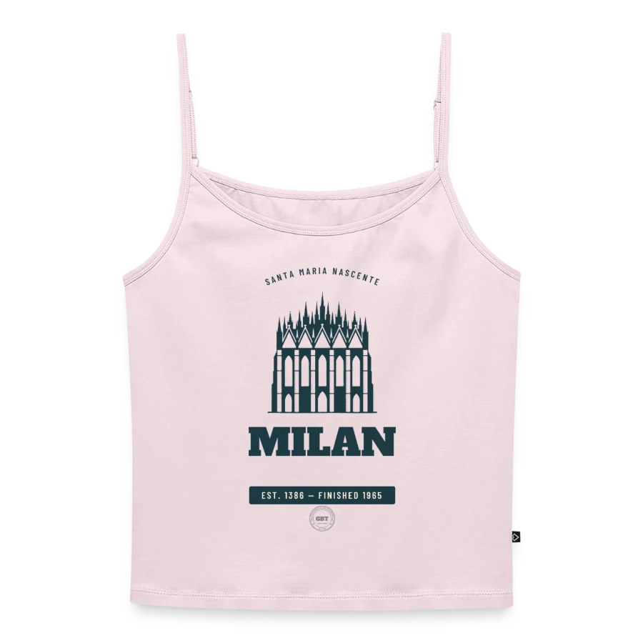 Milan badge on a women's premium organic spaghetti strap top, powder pink, front