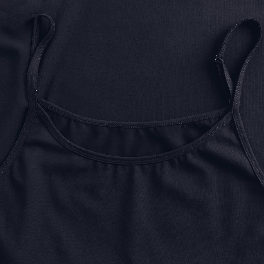 Lauterbrunnen badge on a women's premium organic spaghetti strap top, navy, neck label