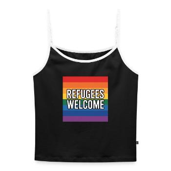 Refugees Welcome - Antifascist Merch - Frauen Premium Organic Top mit Spaghettiträgern - Schwarz/Weiß  - Vorne - AI Model Female 172 light (172cm)