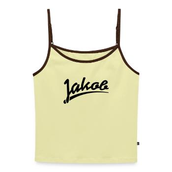 Jakob - Frauen Premium Organic Top mit Spaghettiträgern - Buttergelb/Dunkelbraun - Vorne - AI Model Female 172 dark (172cm)