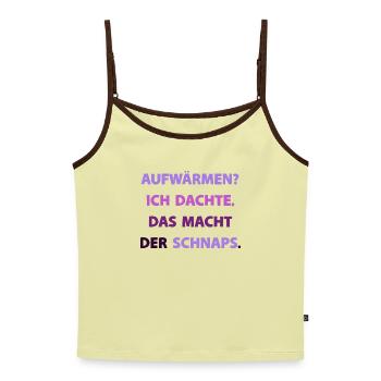 Aufwärmen? Ich dachte, das macht der Schnaps - Frauen Premium Organic Top mit Spaghettiträgern - Buttergelb/Dunkelbraun - Vorne - AI Model Female 172 dark (172cm)