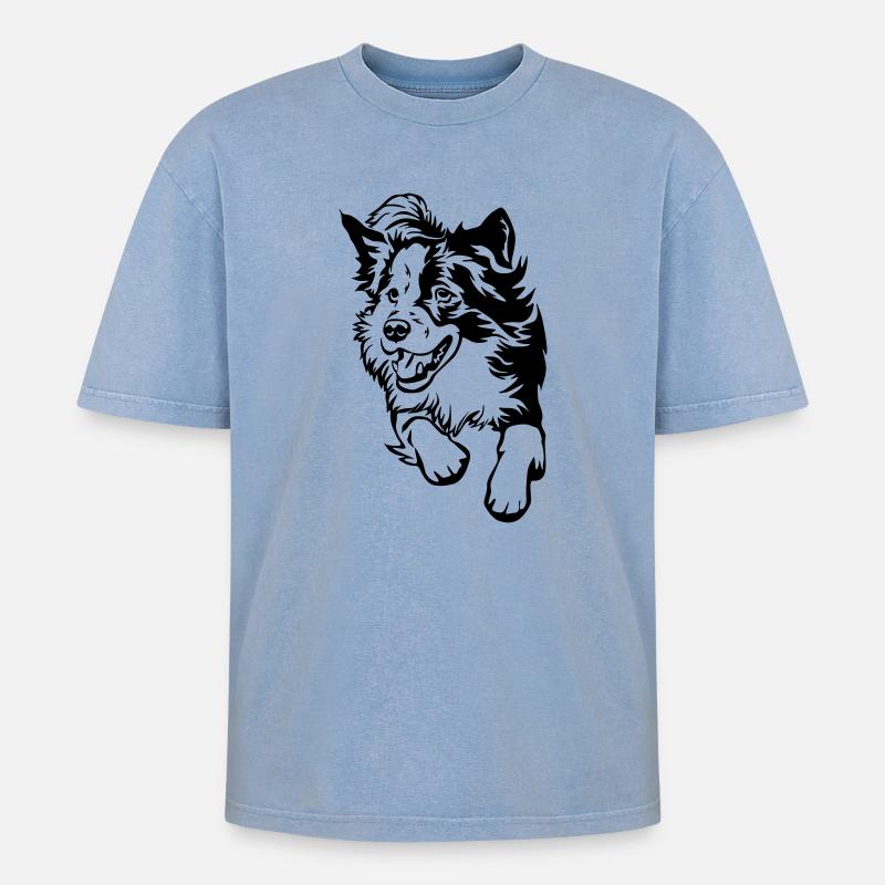 Border Collie - Oversized Unisex Premium Acid-Washed T-Shirt - Blau Acid Wash