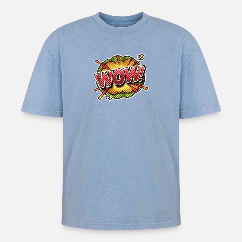 Pop Art Explosion Wow Design - Oversized Unisex Premium Acid-Washed T-Shirt - Blau Acid Wash