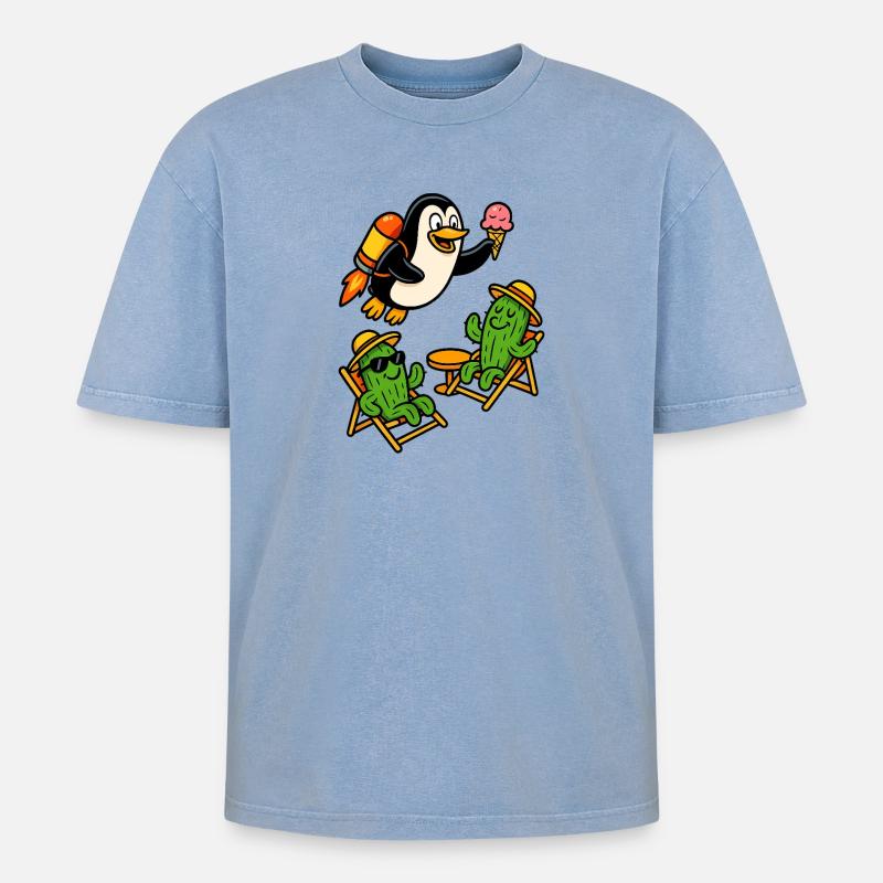 Jetpack Penguin - Oversized Unisex Premium Acid-Washed T-Shirt - acid washed blue