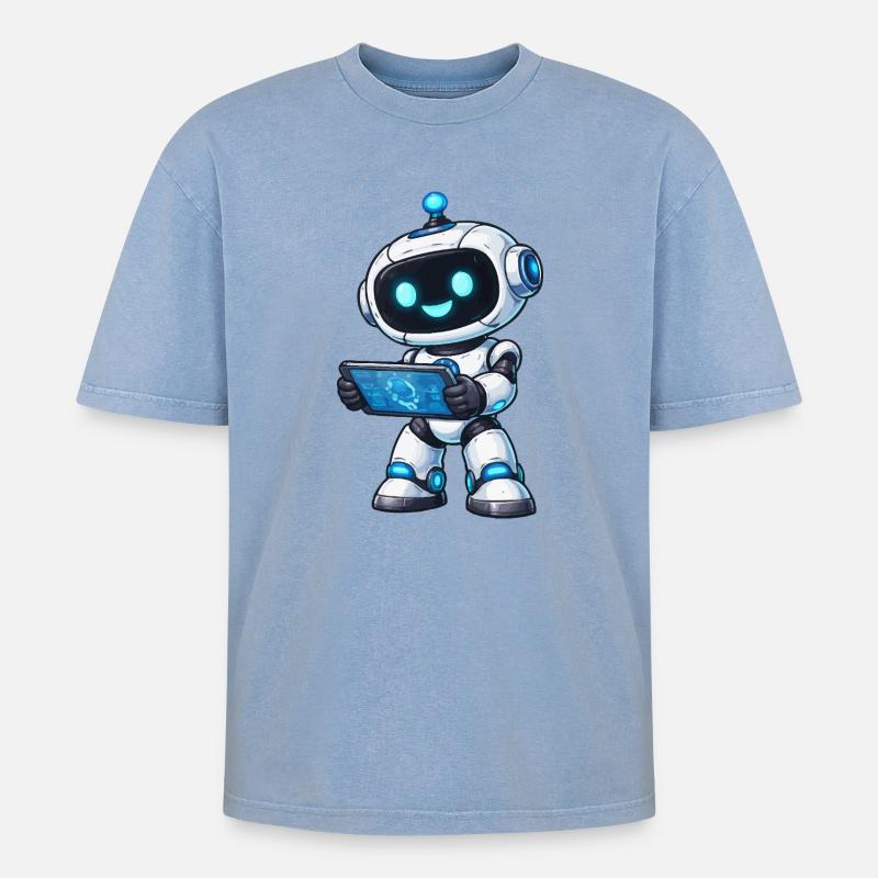 Kleiner Roboter mit Tablet - Oversized Unisex Premium Acid-Washed T-Shirt - Blau Acid Wash