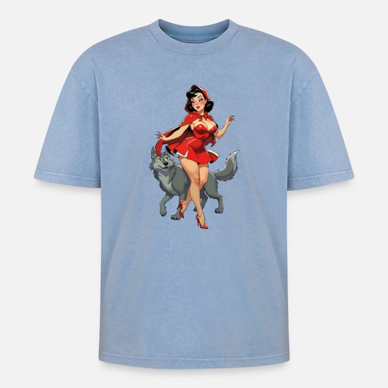 Rotkäppchen läuft mit dem Wolf - Oversized Unisex Premium Acid-Washed T-Shirt - Blau Acid Wash