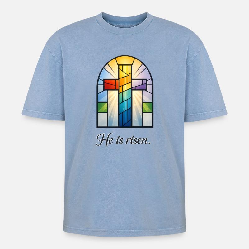 He Is Risen - Oversized Unisex Premium Acid-Washed T-Shirt - Blau Acid Wash