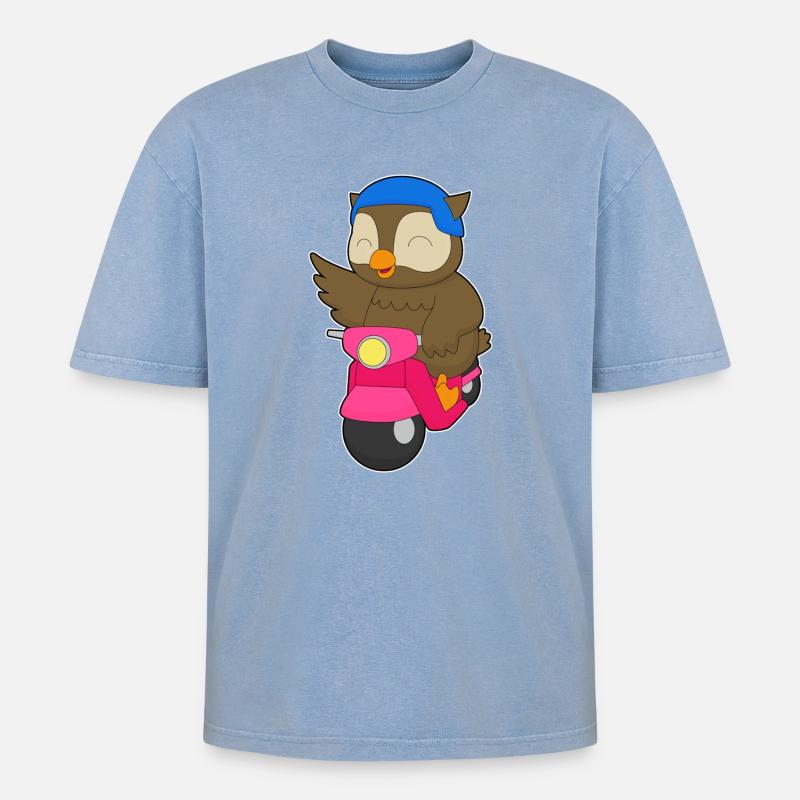 Eule Motorroller - Oversized Unisex Premium Acid-Washed T-Shirt - Blau Acid Wash
