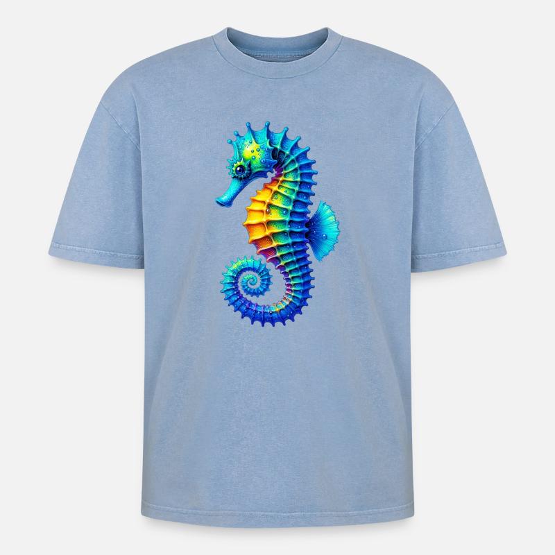 Seepferdchen - Oversized Unisex Premium Acid-Washed T-Shirt - Blau Acid Wash