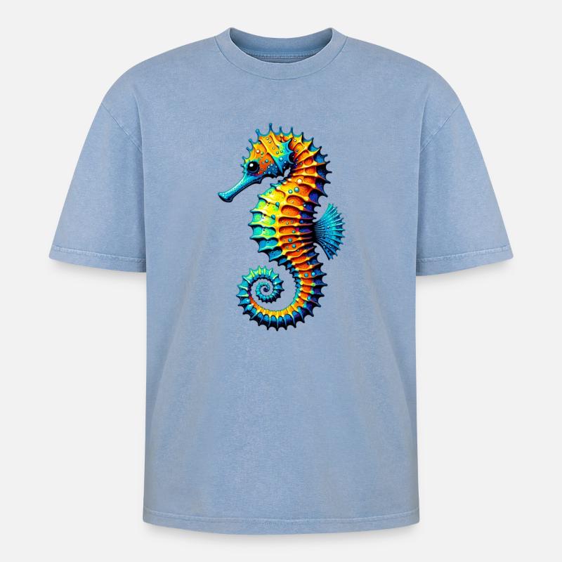 Seepferdchen - Oversized Unisex Premium Acid-Washed T-Shirt - Blau Acid Wash