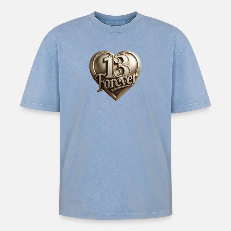 13forever in Herzform - Oversized Unisex Premium Acid-Washed T-Shirt - Blau Acid Wash