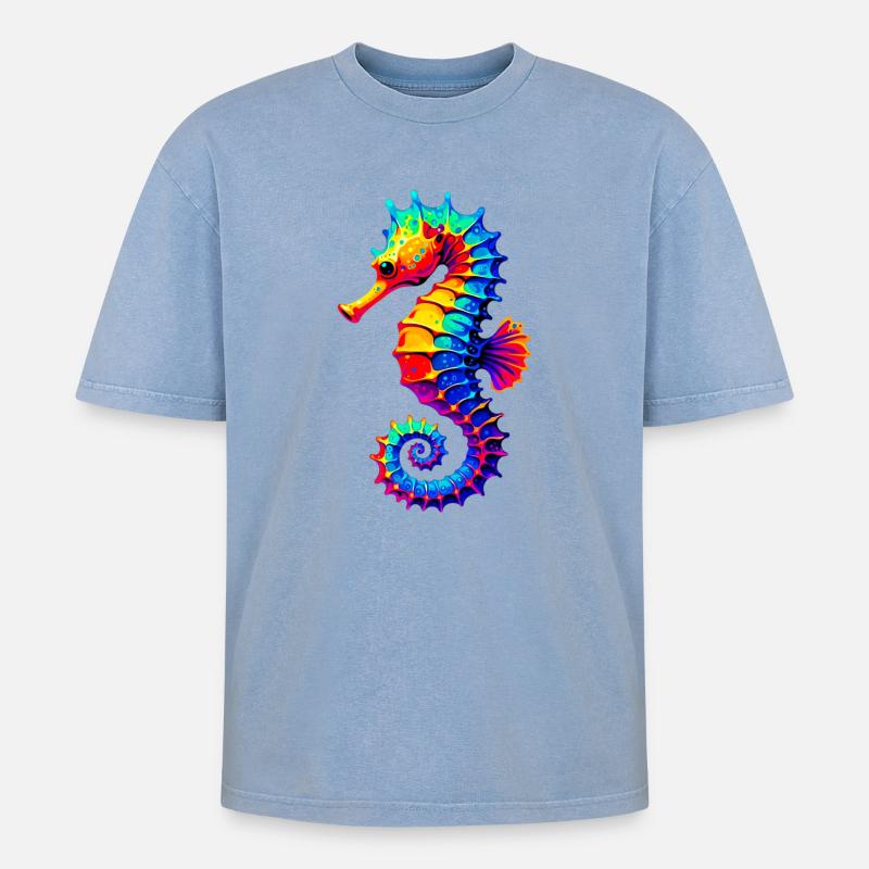Seepferdchen - Oversized Unisex Premium Acid-Washed T-Shirt - Blau Acid Wash