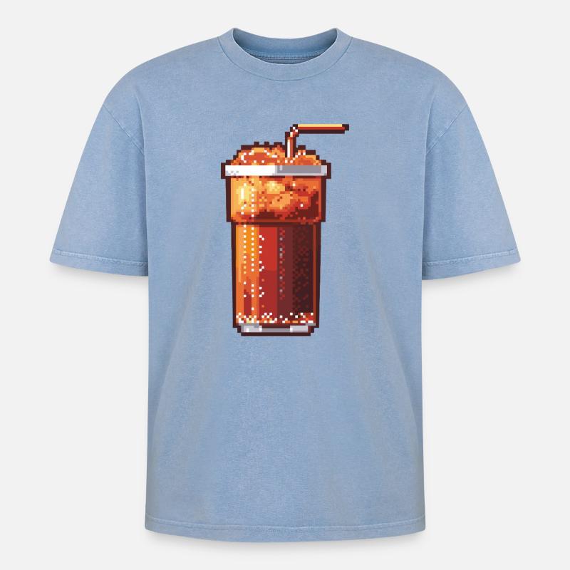 Pixel Cola Glas mit Eis - Oversized Unisex Premium Acid-Washed T-Shirt - acid washed blue