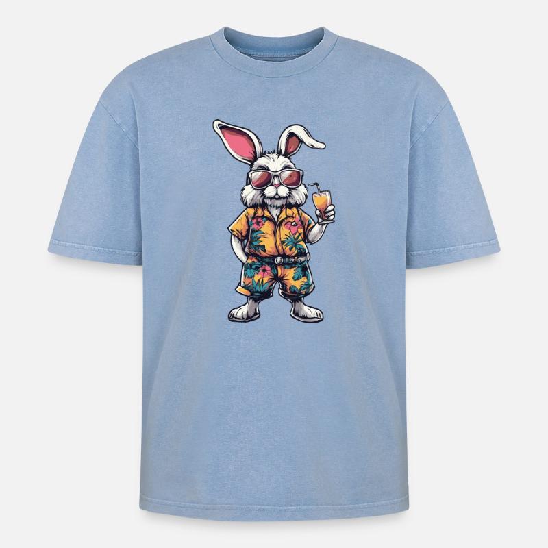 Hase Comic Sommer - Oversized Unisex Premium Acid-Washed T-Shirt - Blau Acid Wash