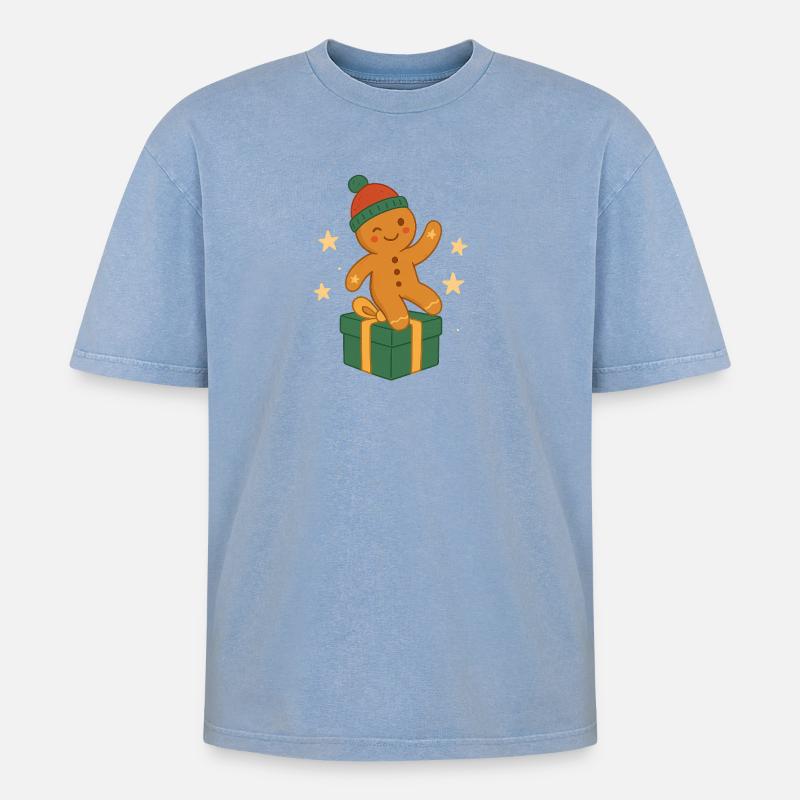 Lebkuchenfigur auf Geschenkbox - Oversized Unisex Premium Acid-Washed T-Shirt - Blau Acid Wash