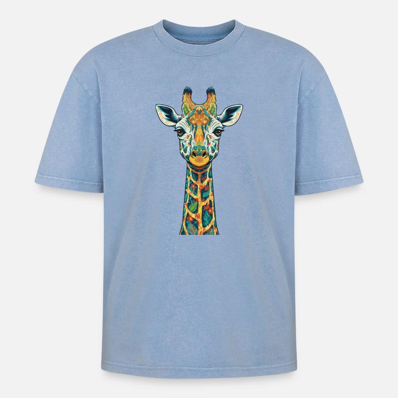 Bunte Giraffen-Kunstdrucke - Oversized Unisex Premium Acid-Washed T-Shirt - Blau Acid Wash