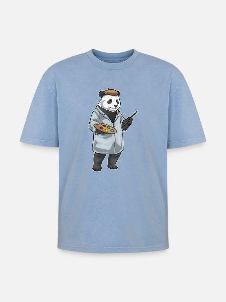 Panda Painter Brush Painting - Oversized Unisex Premium Acid-Washed T-Shirt - acid washed blue