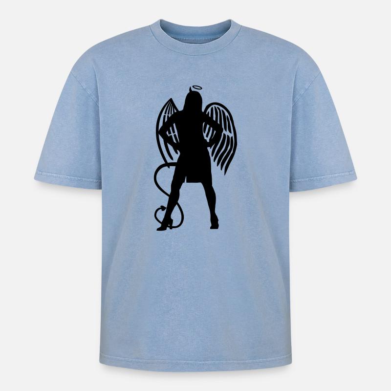 Engel Teufel - Oversized Unisex Premium Acid-Washed T-Shirt - Blau Acid Wash