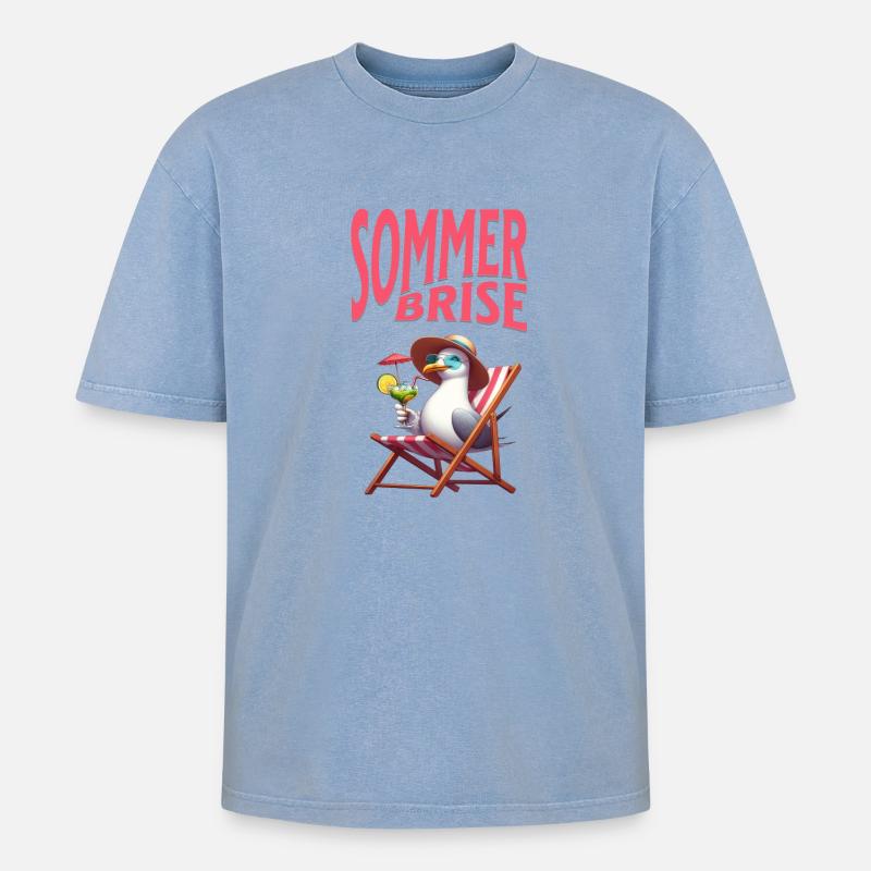 Sommerbrise - Möwe mit einem Cocktail  - Oversized Unisex Premium Acid-Washed T-Shirt - Blau Acid Wash