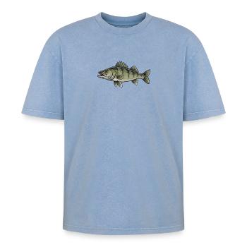 Zander Raubfisch Angeln - Oversized Unisex Premium Acid-Washed T-Shirt - Blau Acid Wash - Vorne - AI Model Female 172 dark (172cm) & AI Model Male 185 dark (185cm)