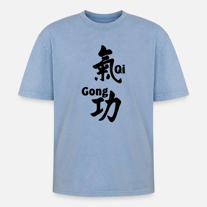 QI gong script with text vertical - Oversized Unisex Premium Acid-Washed T-Shirt - acid washed blue