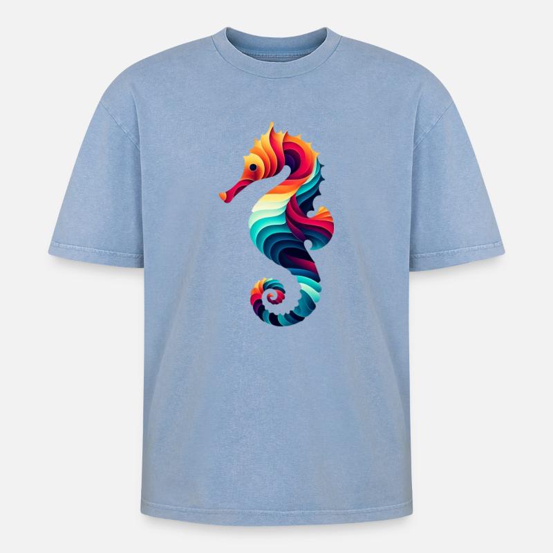 Seepferdchen - Oversized Unisex Premium Acid-Washed T-Shirt - Blau Acid Wash