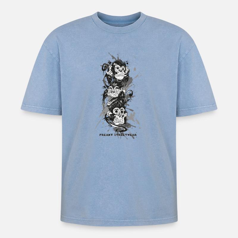 three monkeys - Oversized Unisex Premium Acid-Washed T-Shirt - Blau Acid Wash