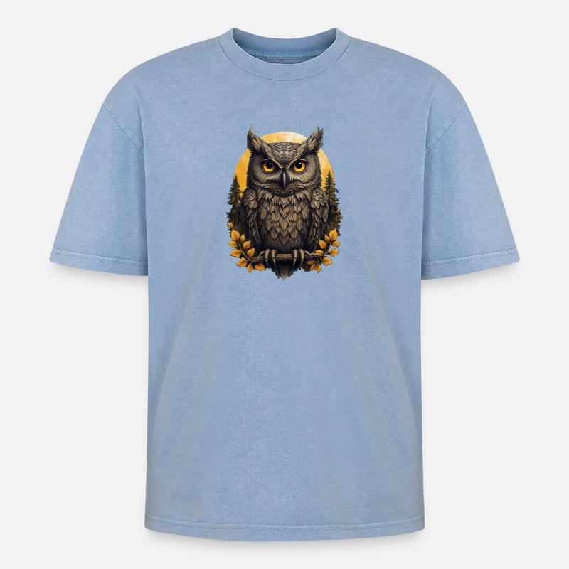Weise Eulen im Herbstwald - Oversized Unisex Premium Acid-Washed T-Shirt - Blau Acid Wash