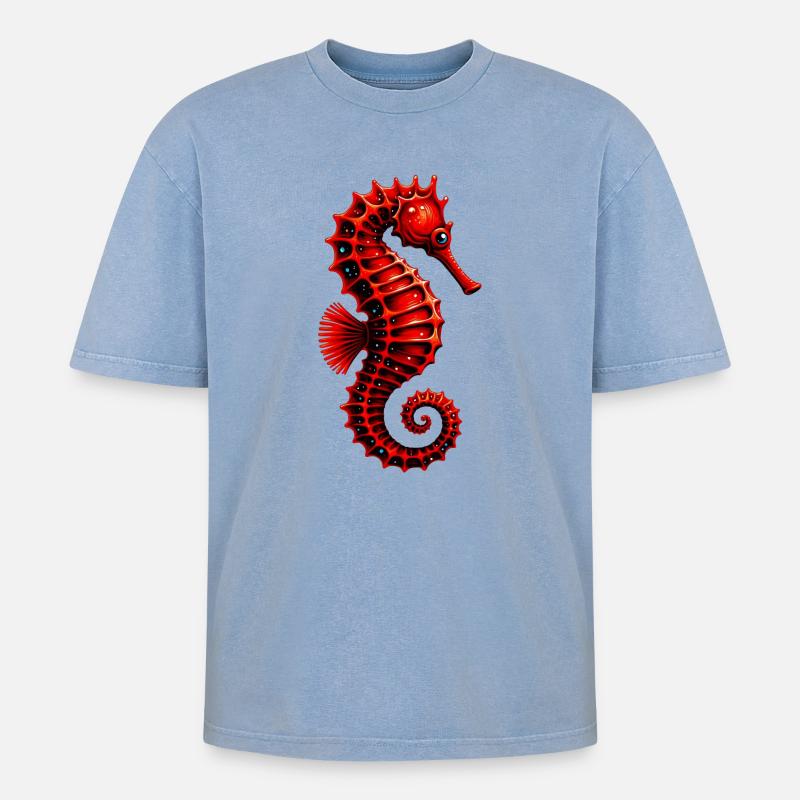 Seepferdchen - Oversized Unisex Premium Acid-Washed T-Shirt - Blau Acid Wash