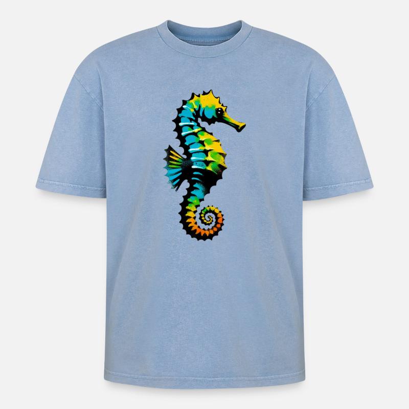 Seepferdchen - Oversized Unisex Premium Acid-Washed T-Shirt - Blau Acid Wash