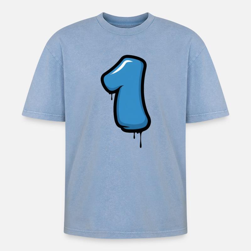Blaues Nummer Eins Design - Oversized Unisex Premium Acid-Washed T-Shirt - Blau Acid Wash