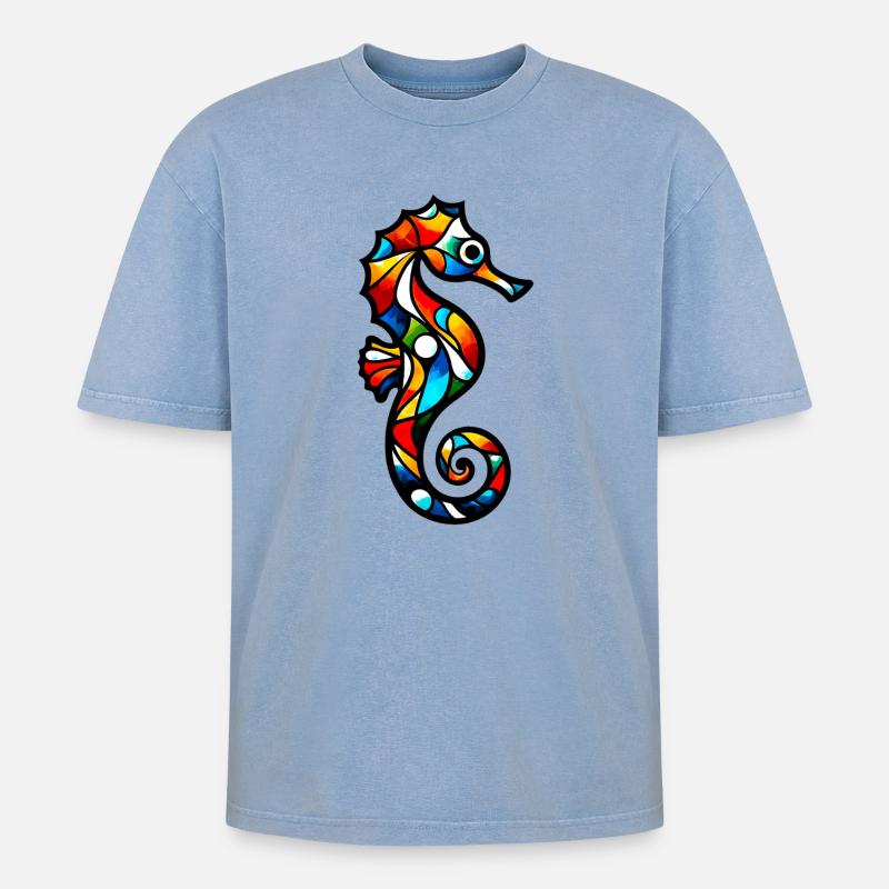 Seepferdchen - Oversized Unisex Premium Acid-Washed T-Shirt - Blau Acid Wash