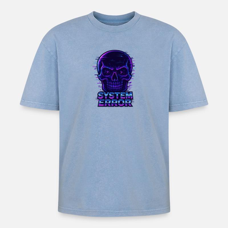 Neon Glitch Schädel mit Systemfehlertext - Oversized Unisex Premium Acid-Washed T-Shirt - Blau Acid Wash