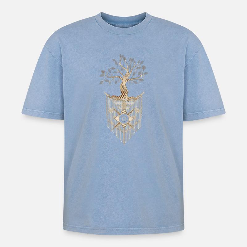 Makramee-Baum des Lebens im kunstvollen Design - Oversized Unisex Premium Acid-Washed T-Shirt - Blau Acid Wash