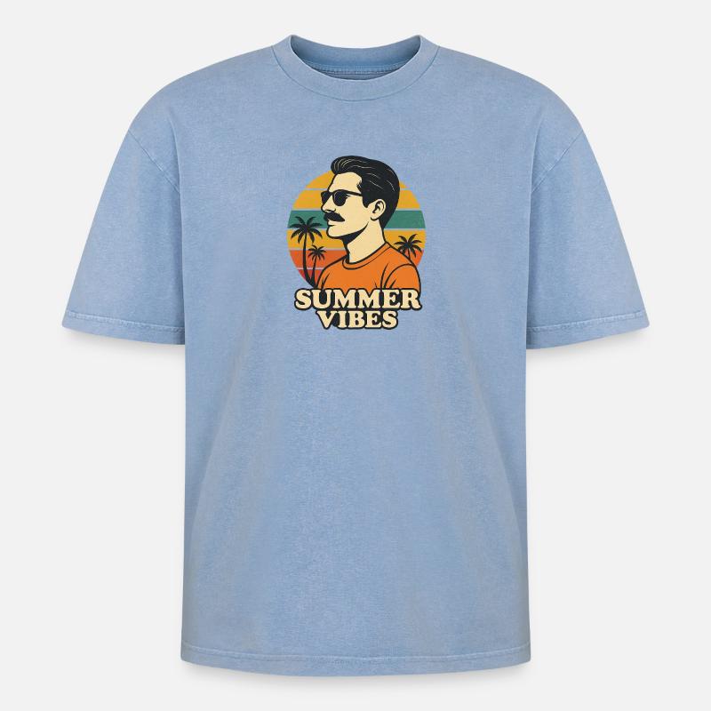Sommer Vibes Retro Design - Oversized Unisex Premium Acid-Washed T-Shirt - Blau Acid Wash