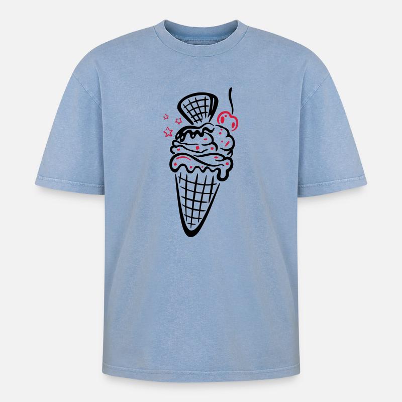 Eis, Eiswaffel mit Kirsche - Oversized Unisex Premium Acid-Washed T-Shirt - Blau Acid Wash