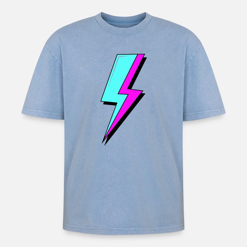 Psychedelic Neon Lightning - Oversized Unisex Premium Acid-Washed T-Shirt - acid washed blue