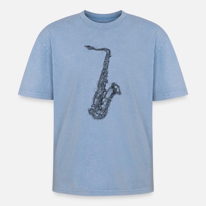 Saxophon Scribble - Oversized Unisex Premium Acid-Washed T-Shirt - Blau Acid Wash