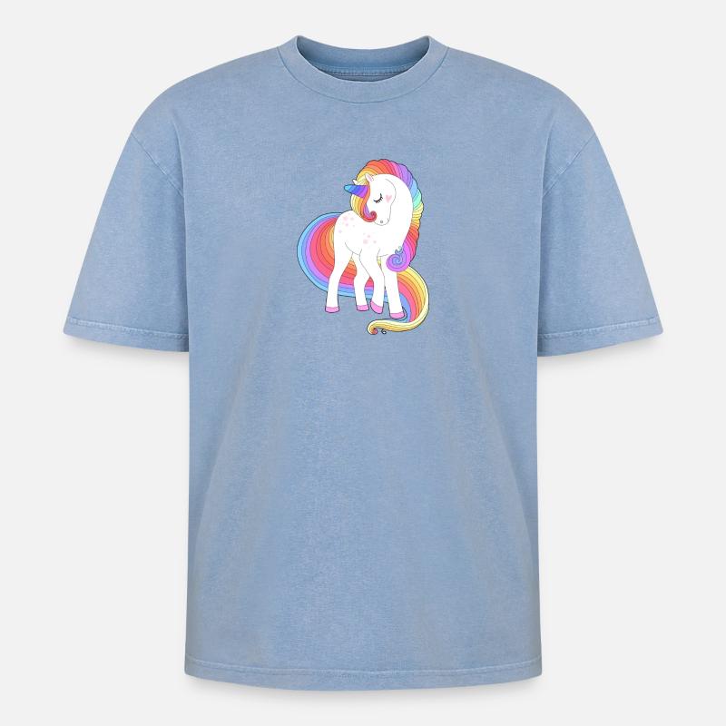 Verzaubertes Regenbogenmähnen-Einhorn - Oversized Unisex Premium Acid-Washed T-Shirt - Blau Acid Wash