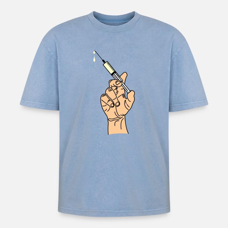 Main avec seringue d’évacuation 5 - T-shirt Premium unisexe oversize acid-washed - bleu délavé acide