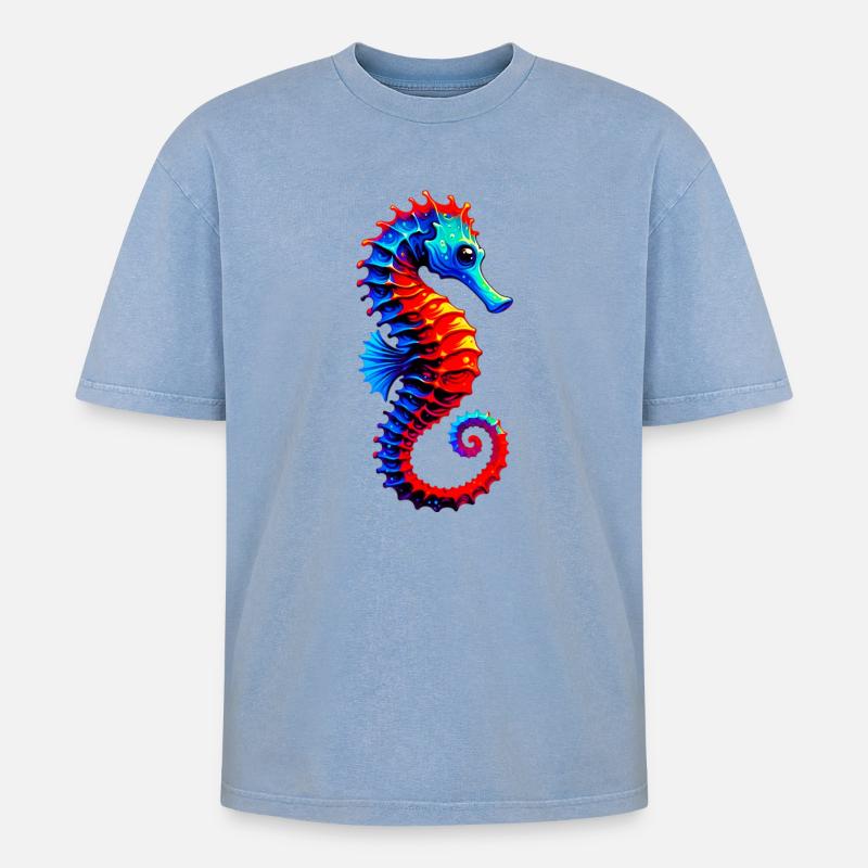 Seepferdchen - Oversized Unisex Premium Acid-Washed T-Shirt - Blau Acid Wash