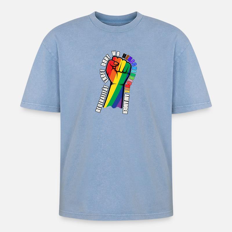 Statement-Sticker Menschenrechte - Oversized Unisex Premium Acid-Washed T-Shirt - Blau Acid Wash